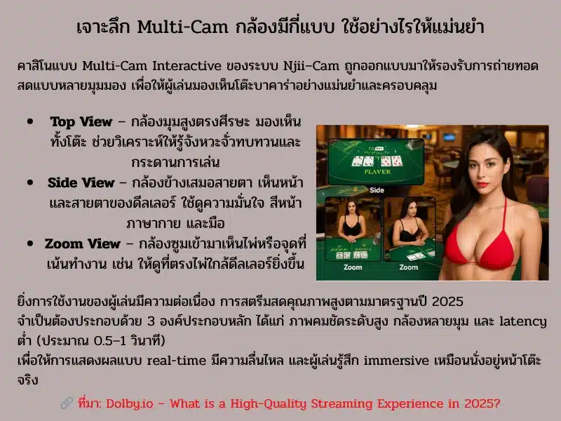แผนภาพแสดงกล้อง 3 มุมมองใน บาคาร่า sexy gaming ได้แก่ Top View, Side View และ Zoom View พร้อมอธิบายประโยชน์แต่ละมุม